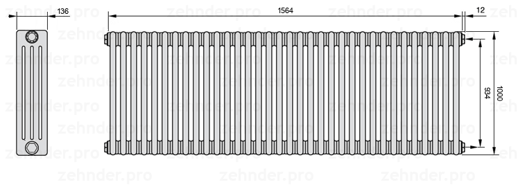 Схема (чертеж) Радиатор Zehnder Charleston 4100/34 №7610 Белый глянцевый RAL 9016